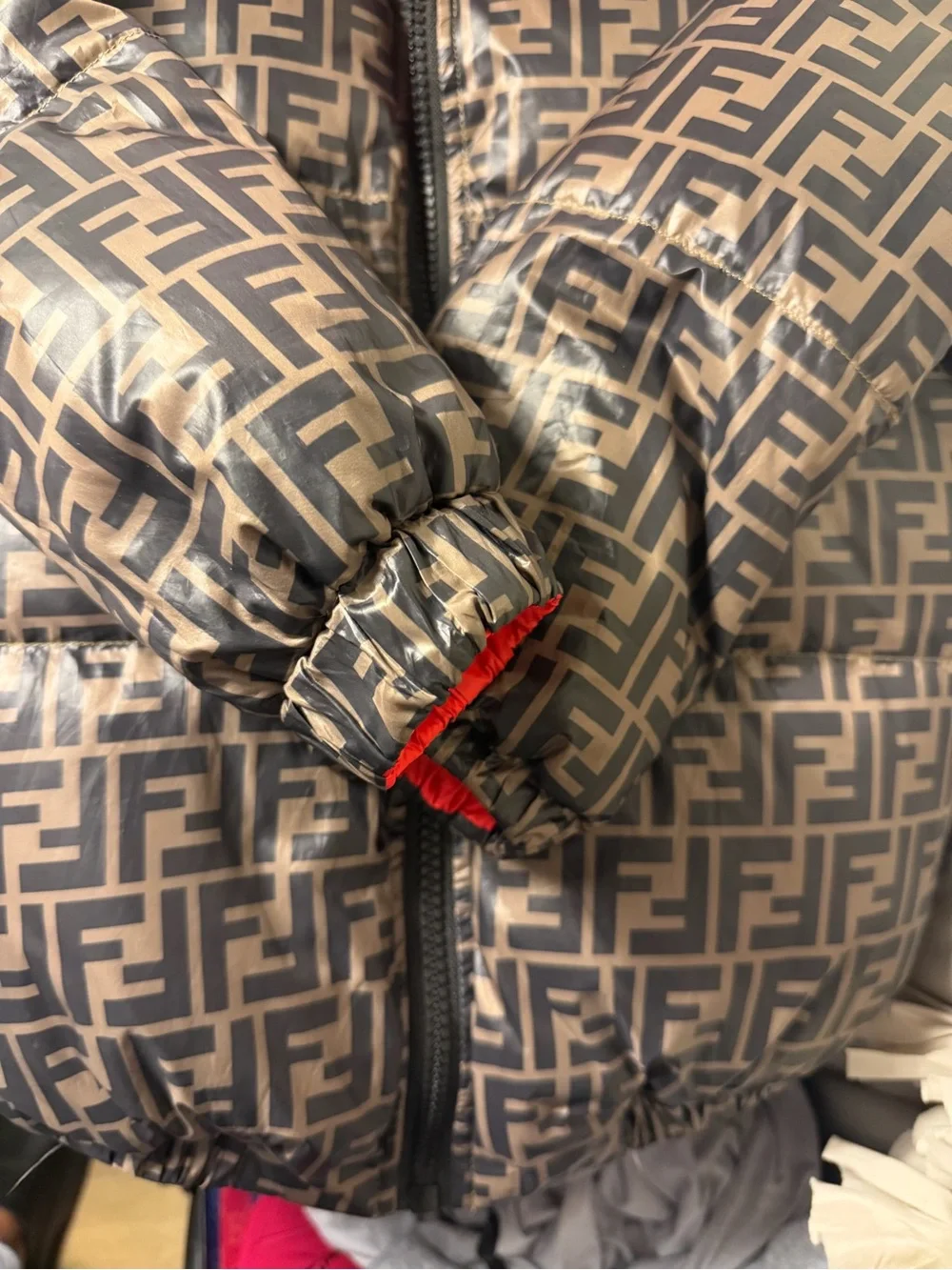 Fendi Logo Puffer Jacket in Brown, Black & Red